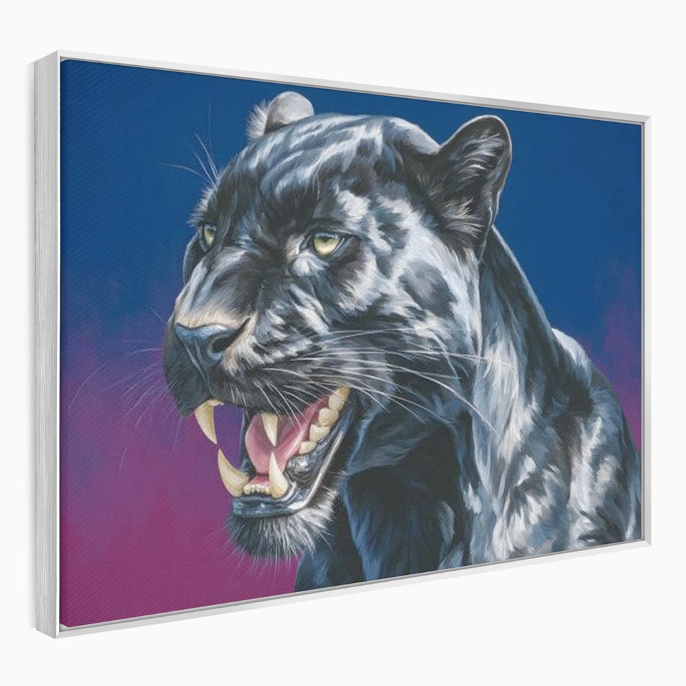 Tablou canvas cu tablou canvas cu pantera neagra, in rama de aluminiu argintiu